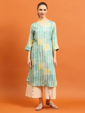 Indiessence Women Teal Tie Dye Printed Kurta