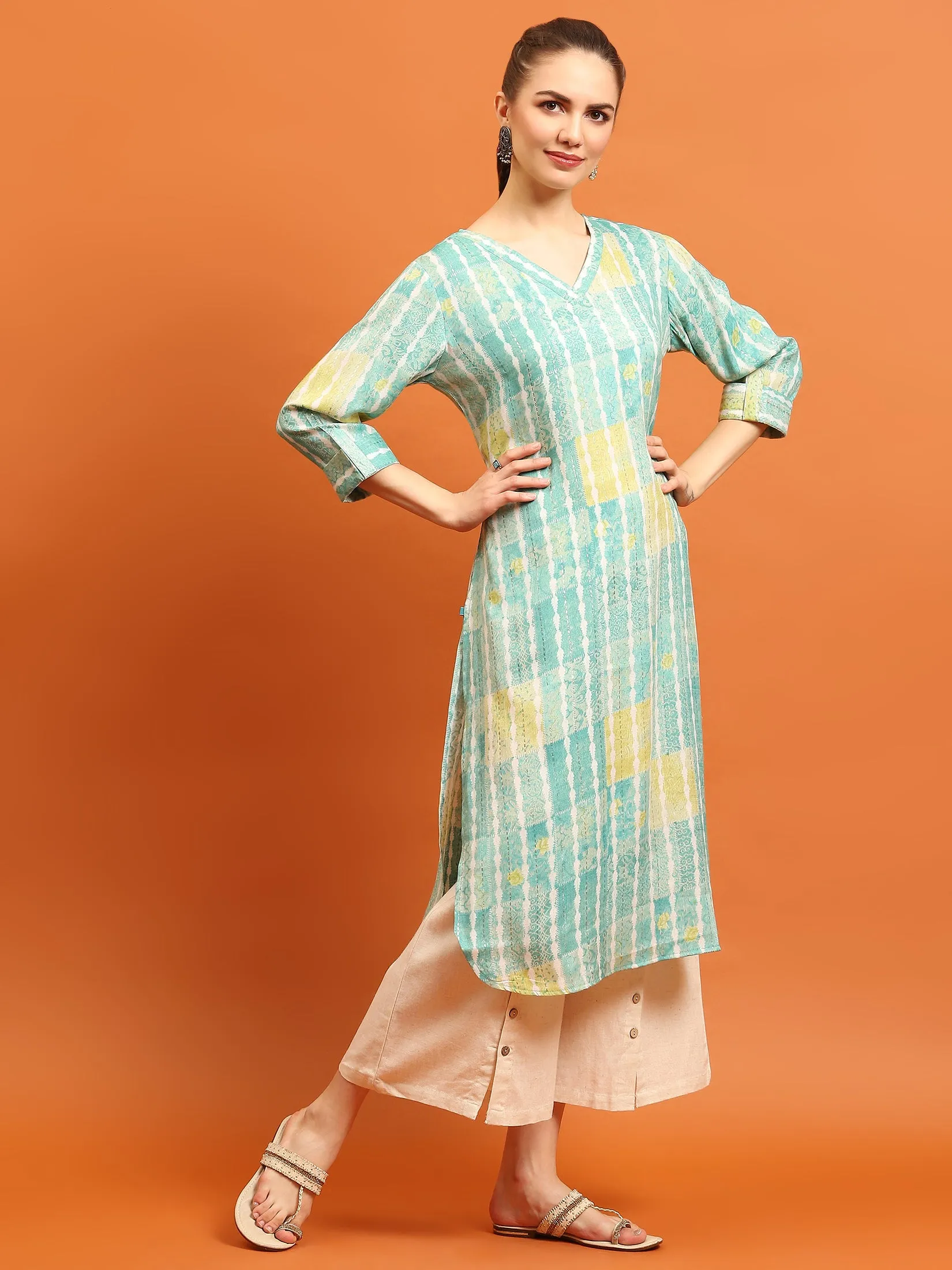 Indiessence Women Teal Tie Dye Printed Kurta