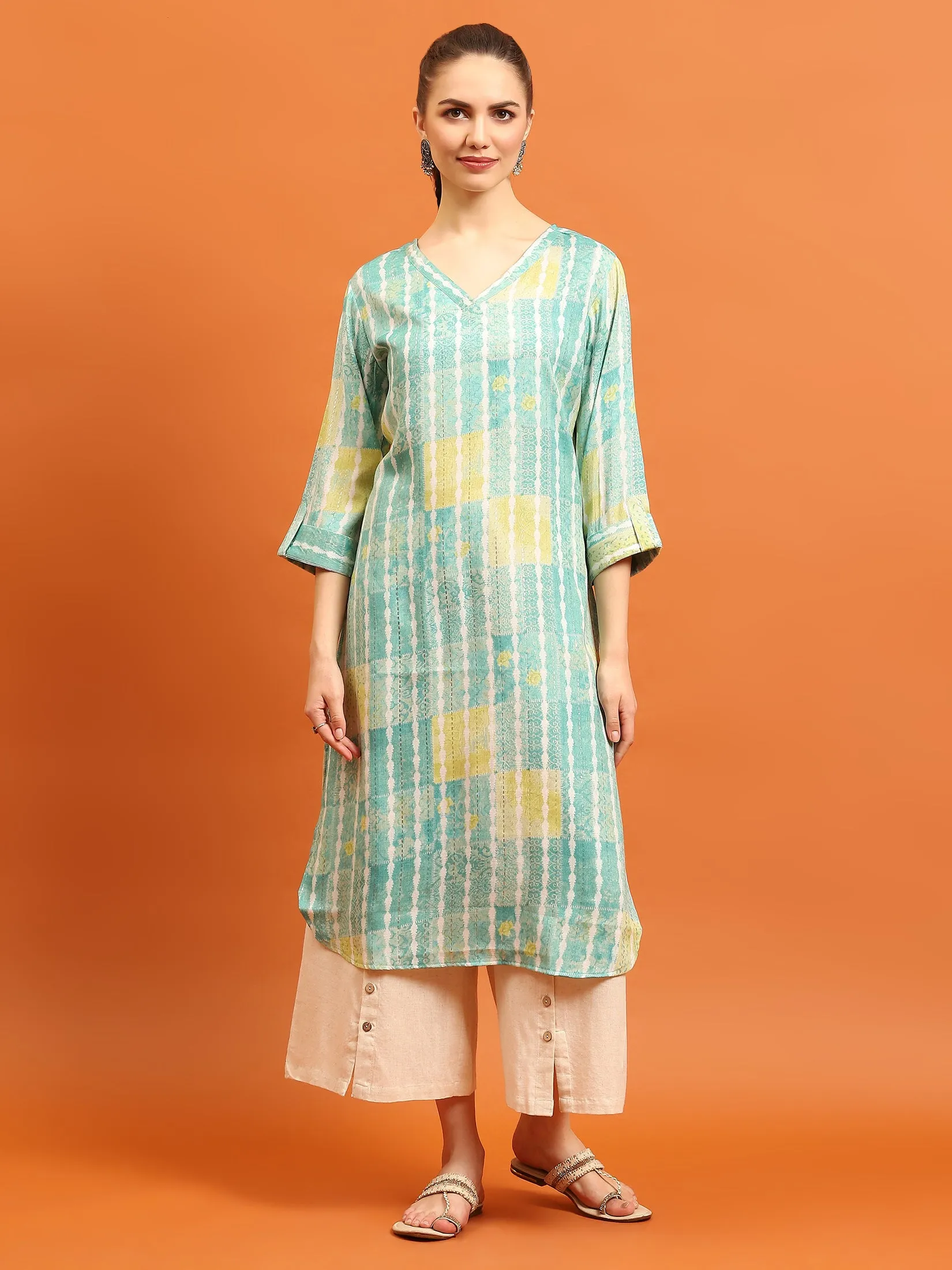 Indiessence Women Teal Tie Dye Printed Kurta