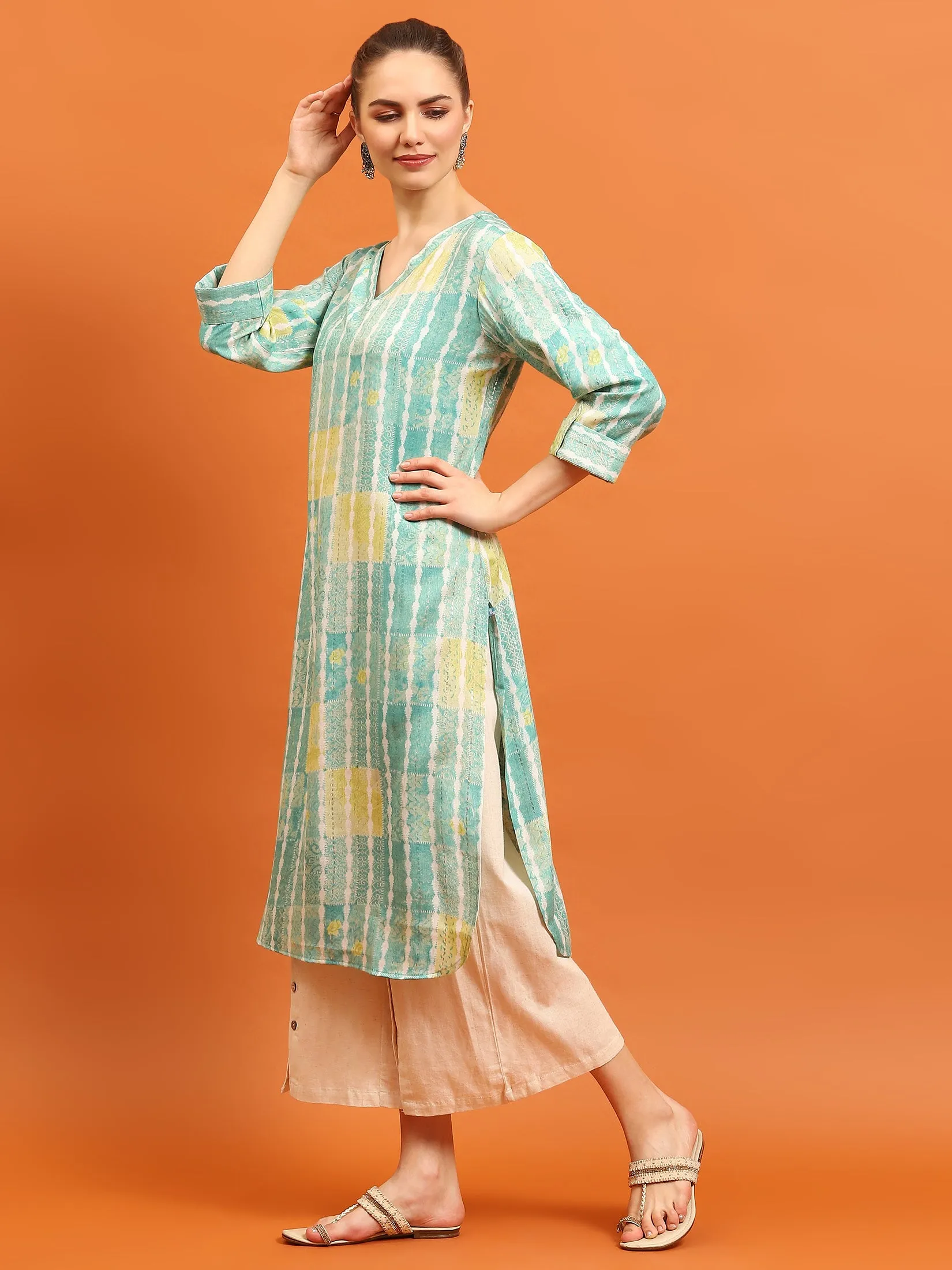 Indiessence Women Teal Tie Dye Printed Kurta