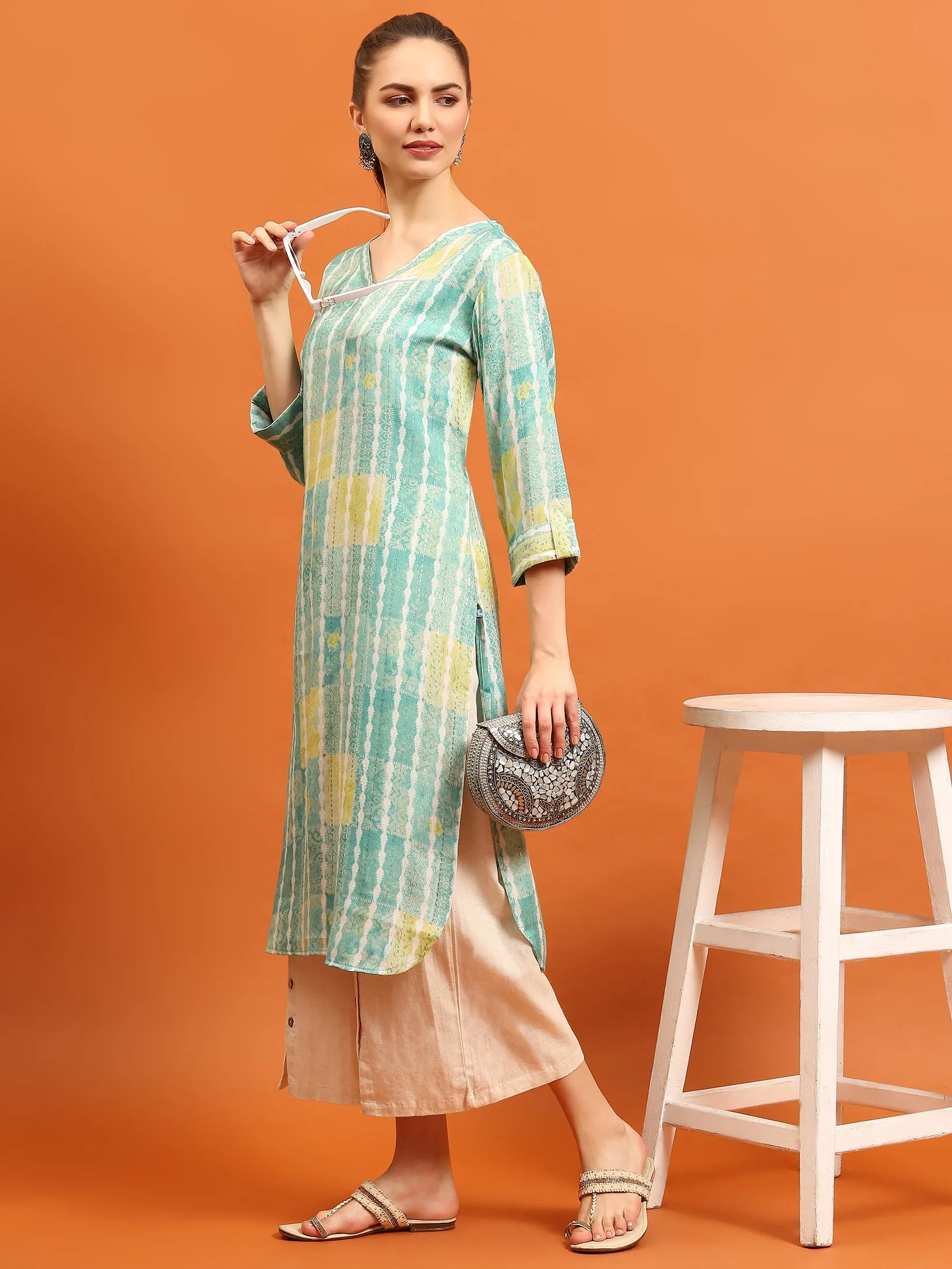 Indiessence Women Teal Tie Dye Printed Kurta