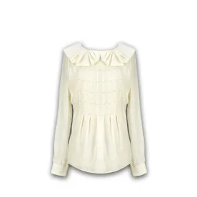 J. Peterman Women's Pleated Collar Silk Blouse - Cream