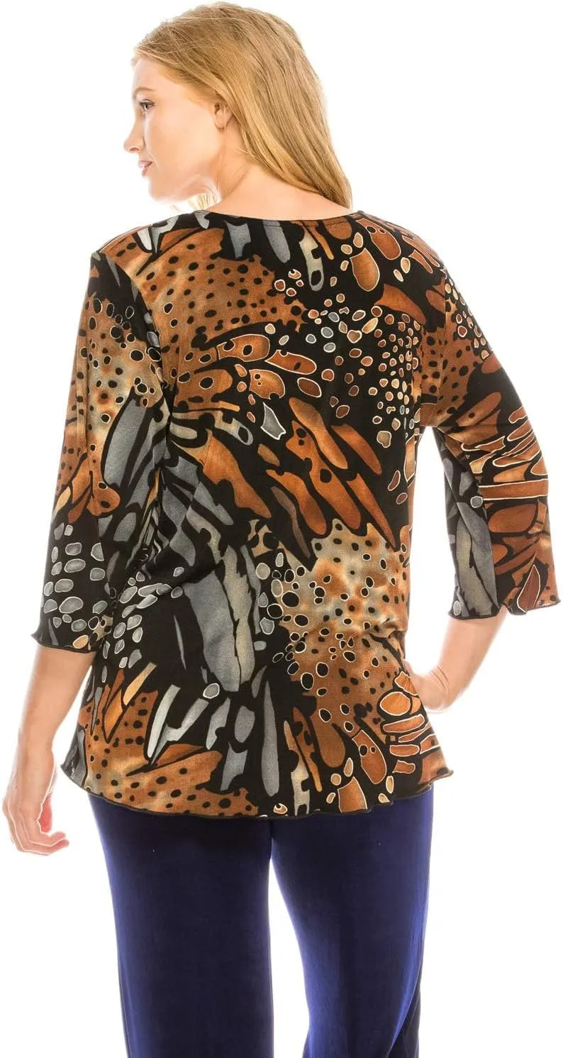 Jostar Women's Print T Shirt - 3/4 Sleeve Merrow Hem Round Neck Stretch Printed Casual Top Blouse