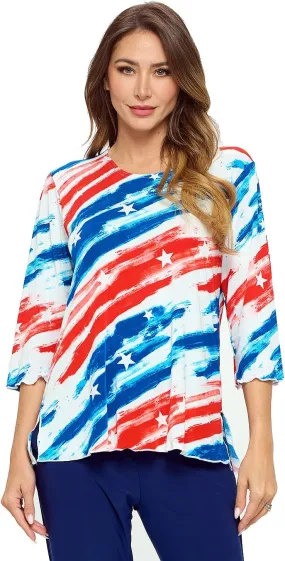 Jostar Women's Print T Shirt - 3/4 Sleeve Merrow Hem Round Neck Stretch Printed Casual Top Blouse