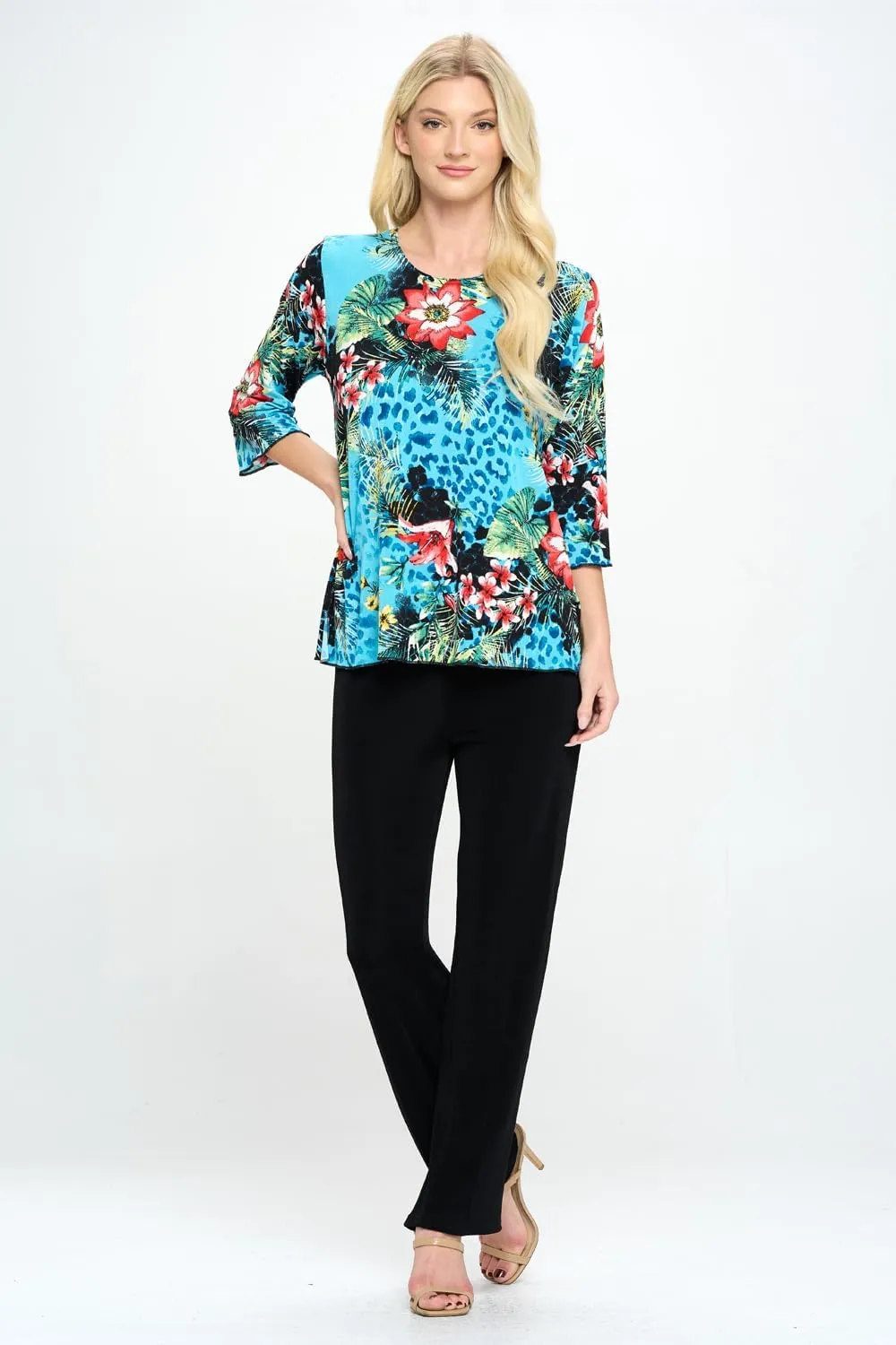Jostar Women's Print T Shirt - 3/4 Sleeve Merrow Hem Round Neck Stretch Printed Casual Top Blouse