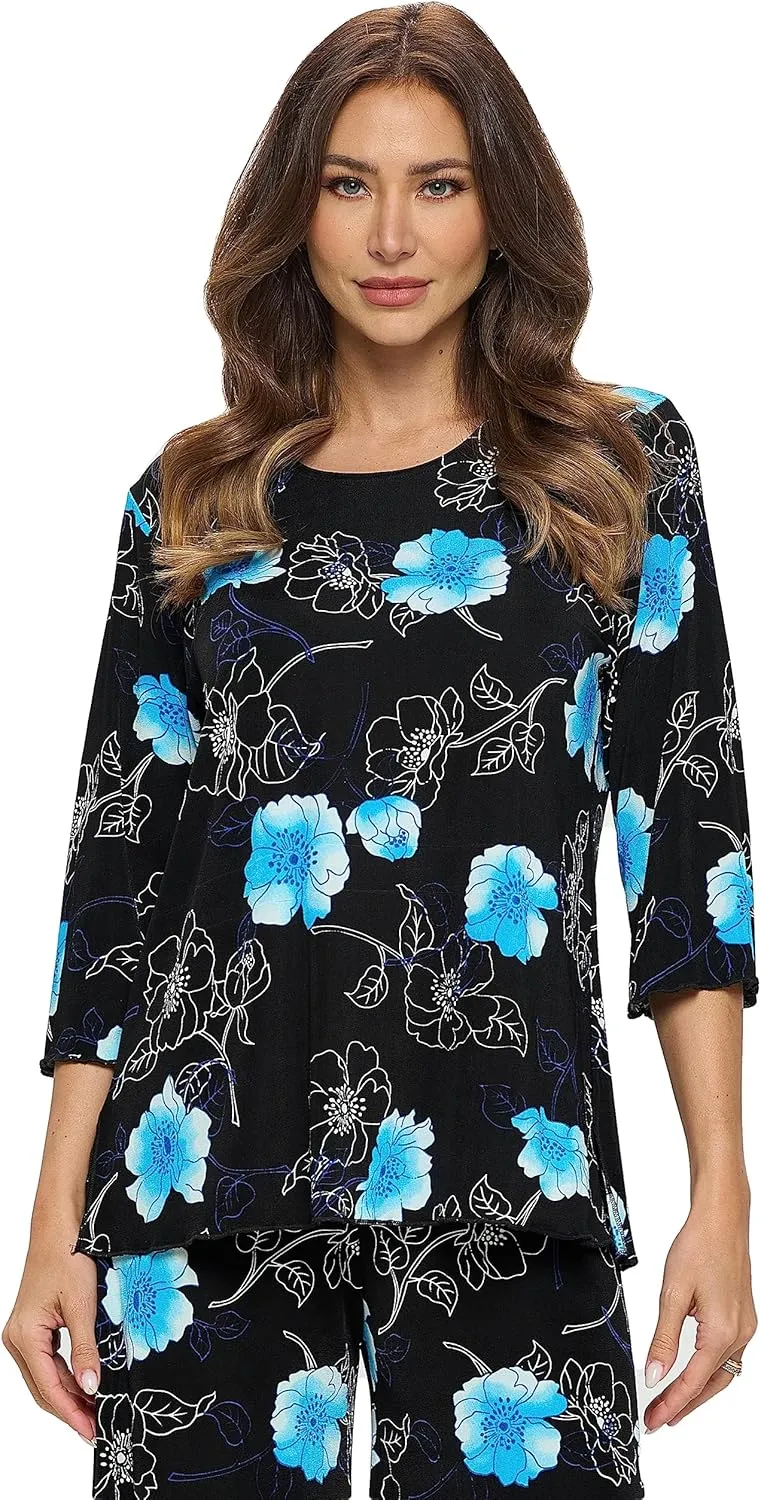 Jostar Women's Print T Shirt - 3/4 Sleeve Merrow Hem Round Neck Stretch Printed Casual Top Blouse