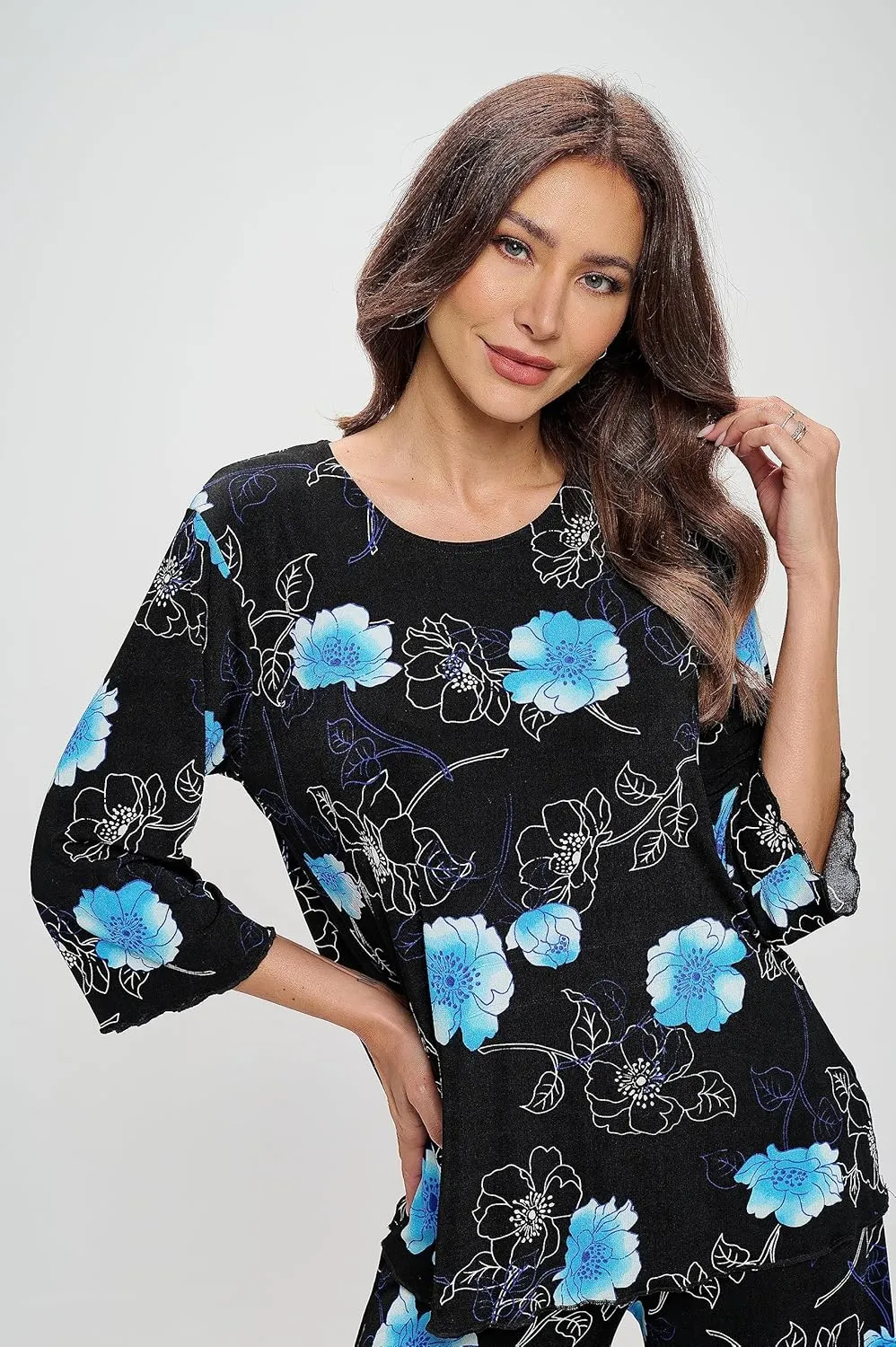 Jostar Women's Print T Shirt - 3/4 Sleeve Merrow Hem Round Neck Stretch Printed Casual Top Blouse