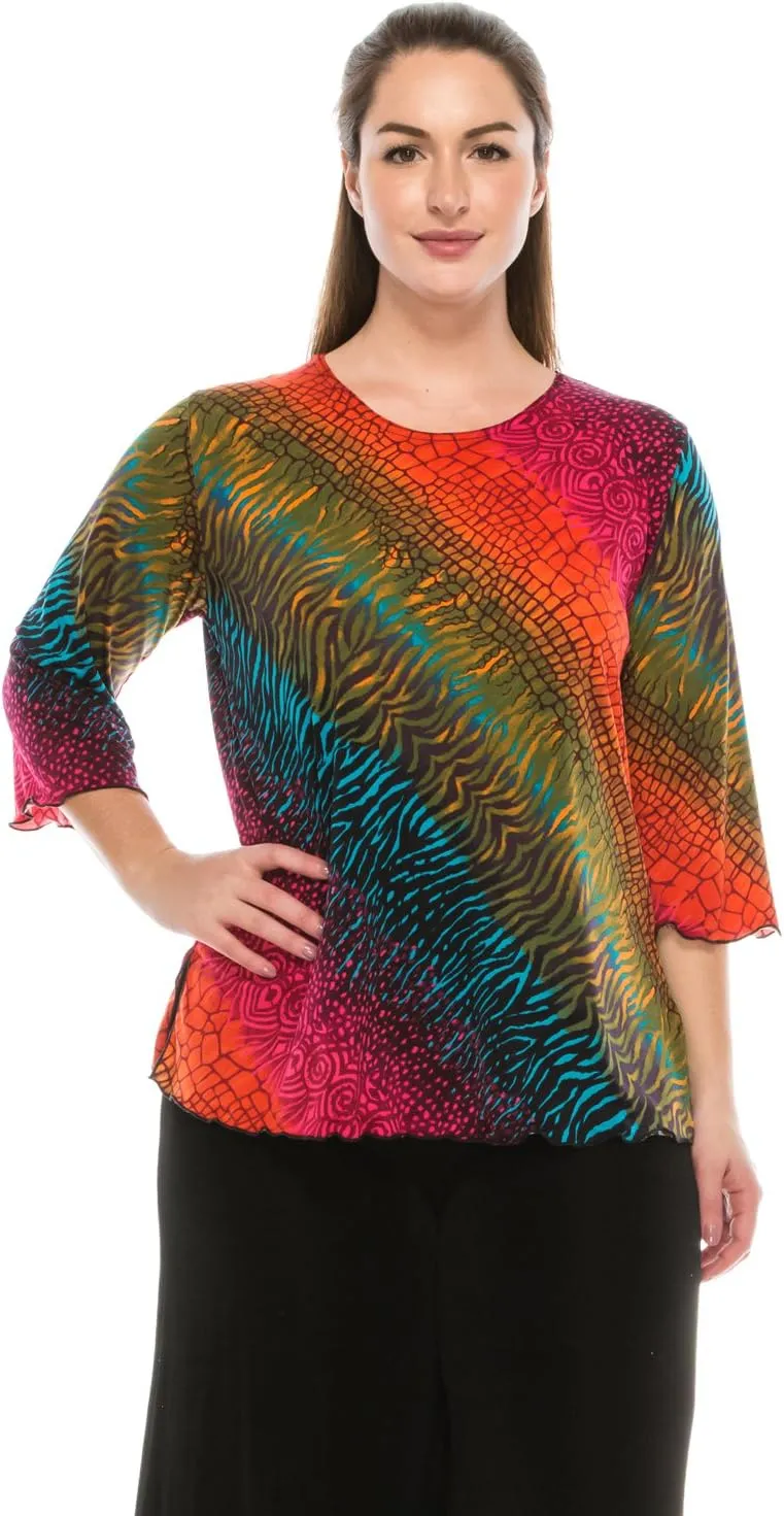 Jostar Women's Print T Shirt - 3/4 Sleeve Merrow Hem Round Neck Stretch Printed Casual Top Blouse