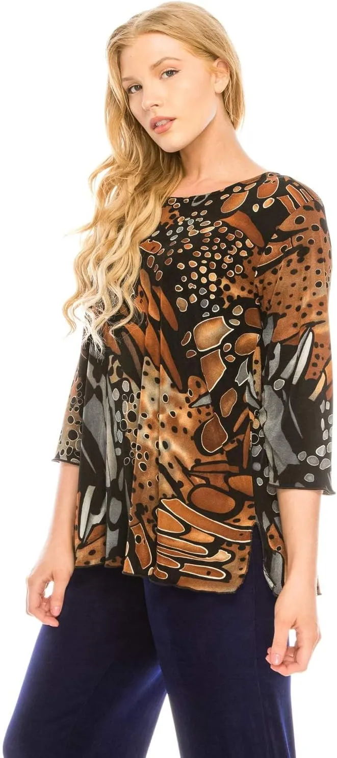 Jostar Women's Print T Shirt - 3/4 Sleeve Merrow Hem Round Neck Stretch Printed Casual Top Blouse