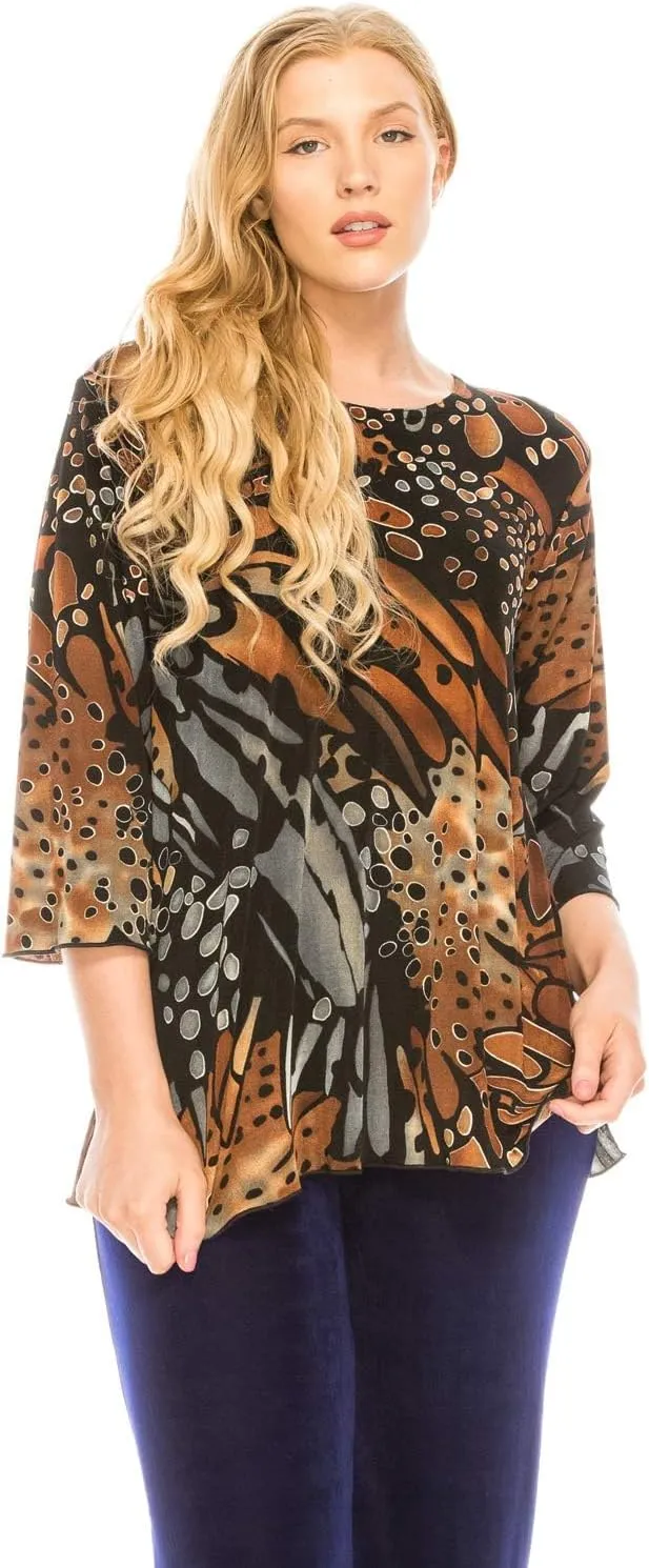 Jostar Women's Print T Shirt - 3/4 Sleeve Merrow Hem Round Neck Stretch Printed Casual Top Blouse
