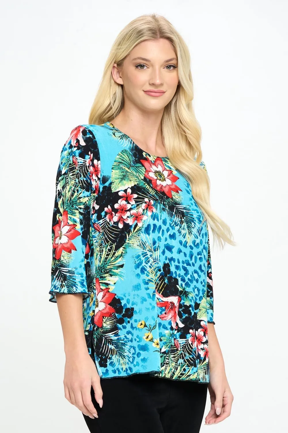 Jostar Women's Print T Shirt - 3/4 Sleeve Merrow Hem Round Neck Stretch Printed Casual Top Blouse