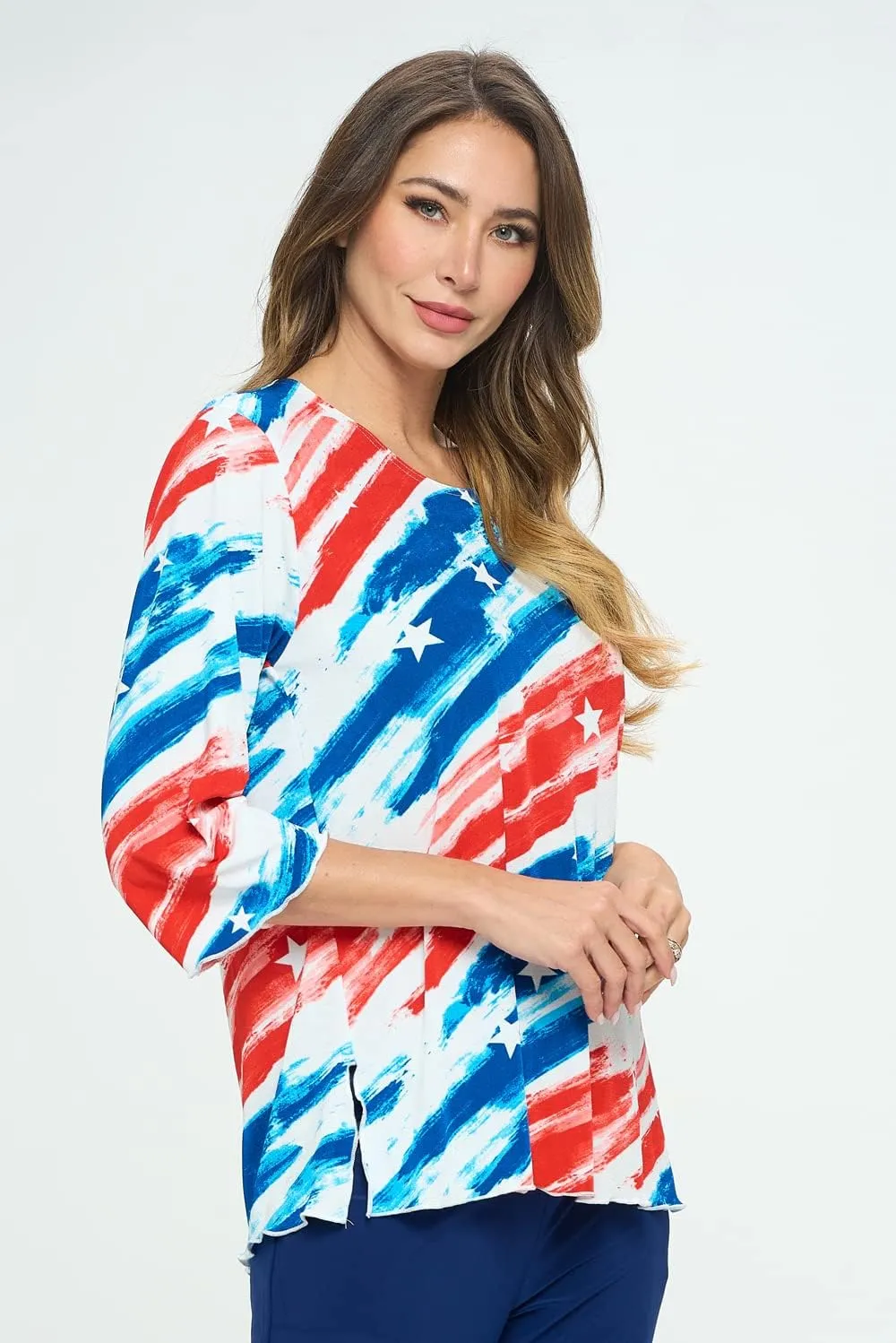 Jostar Women's Print T Shirt - 3/4 Sleeve Merrow Hem Round Neck Stretch Printed Casual Top Blouse