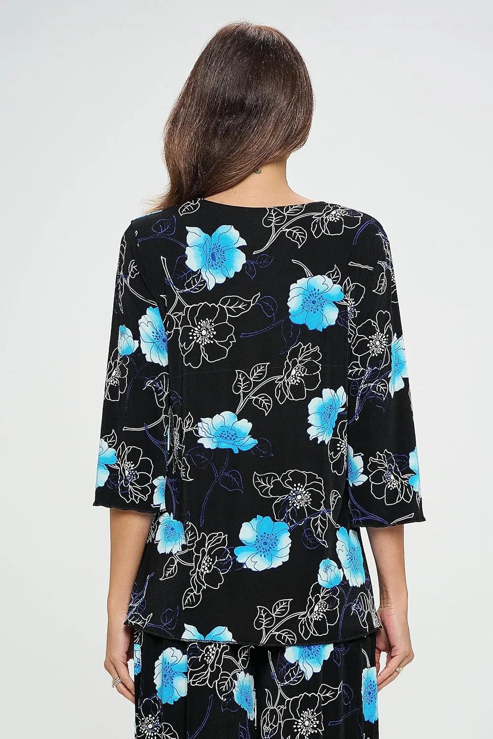 Jostar Women's Print T Shirt - 3/4 Sleeve Merrow Hem Round Neck Stretch Printed Casual Top Blouse