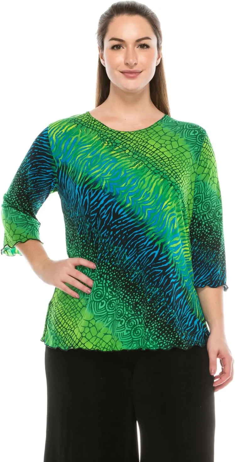 Jostar Women's Print T Shirt - 3/4 Sleeve Merrow Hem Round Neck Stretch Printed Casual Top Blouse