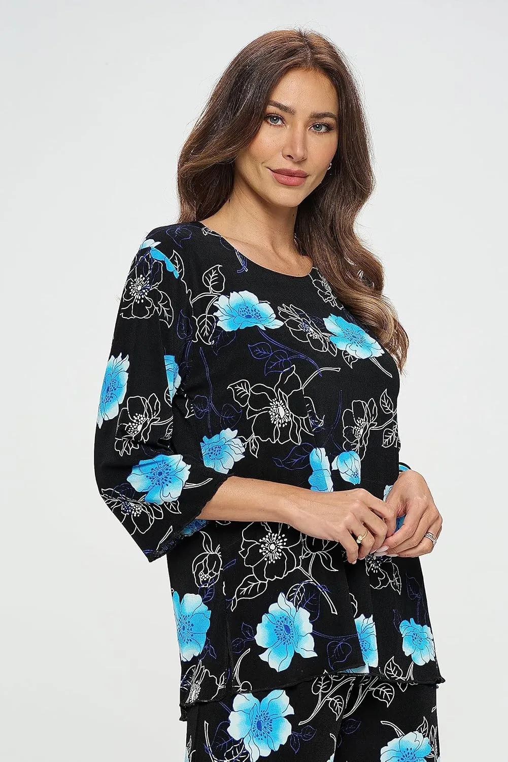 Jostar Women's Print T Shirt - 3/4 Sleeve Merrow Hem Round Neck Stretch Printed Casual Top Blouse