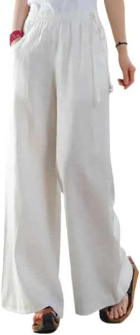 Les umes Women's Casual Wide Leg Long Pants High Waist Drawsting Loose Palazzo Pants Cotton Linen Beach Trousers