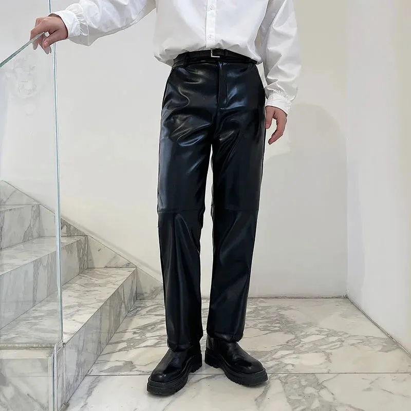 Light Luxury Casual Men's Straight PU Leather Pants Straight Long Pants Niche Chic Black Trousers Korean 9A1156