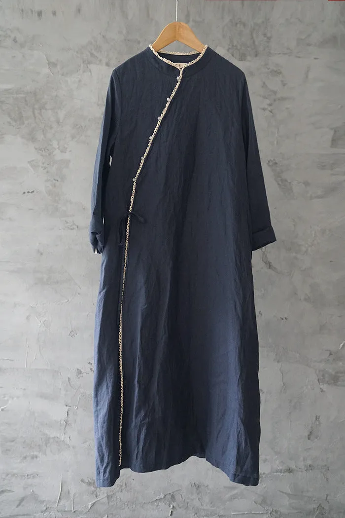 Linen Cheongsam Dress with Lace (Dark Blue)