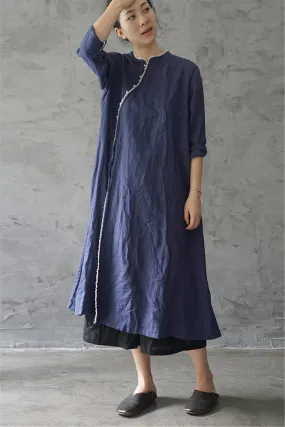 Linen Cheongsam Dress with Lace (Dark Blue)