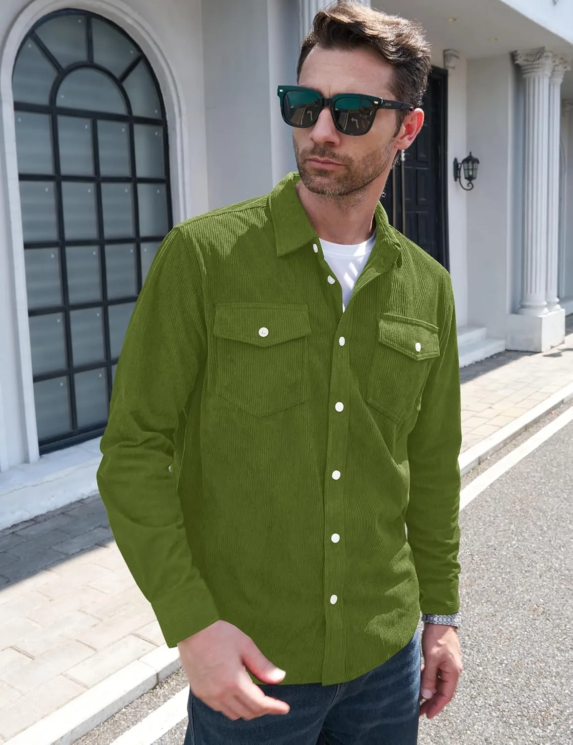 MAGCOMSEN Men's Corduroy Shirt Jacket Long Sleeve Lightweight Jacket Button-Up Casual Shacket with Flap Pockets