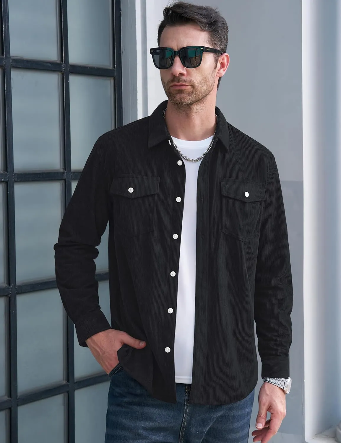 MAGCOMSEN Men's Corduroy Shirt Jacket Long Sleeve Lightweight Jacket Button-Up Casual Shacket with Flap Pockets