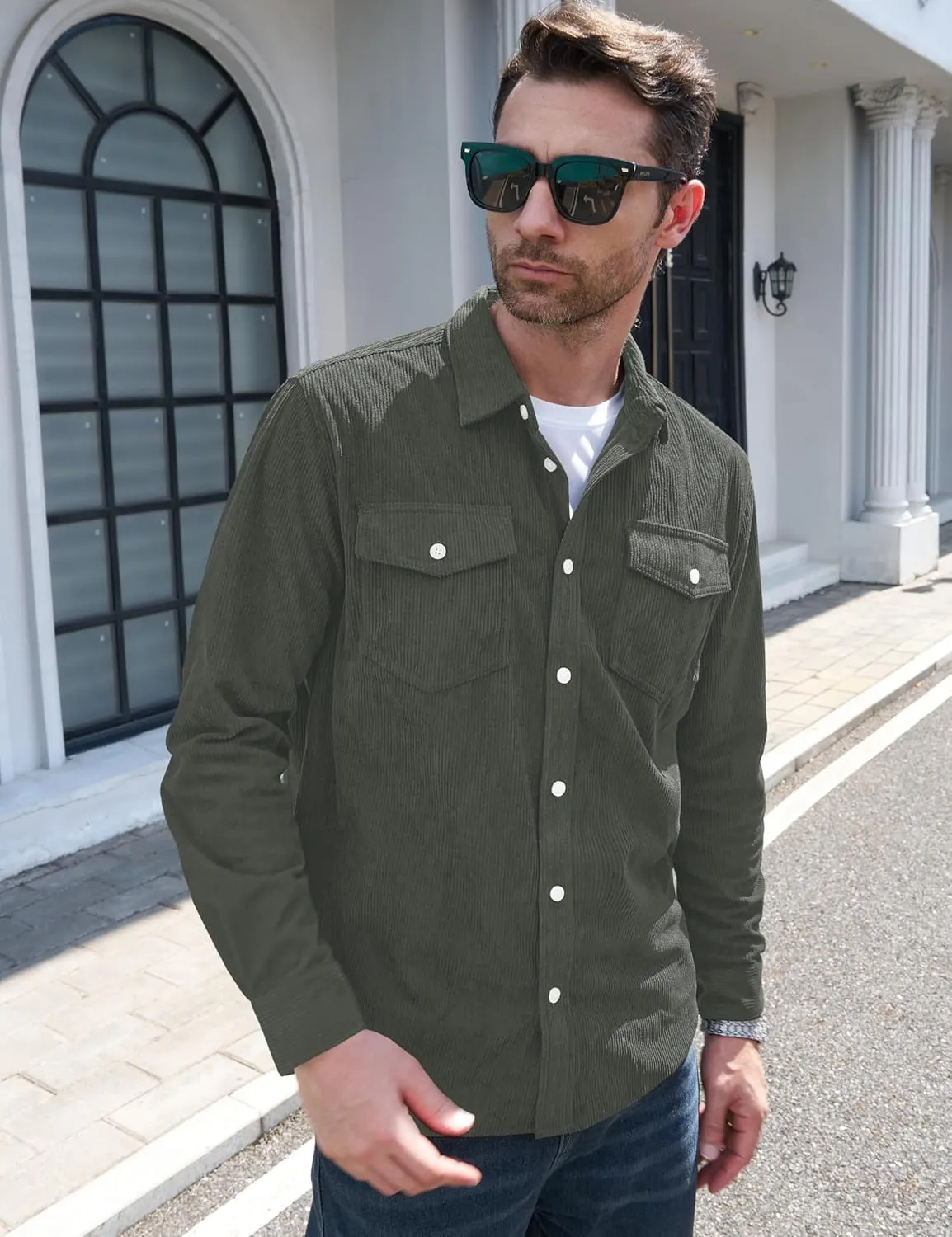 MAGCOMSEN Men's Corduroy Shirt Jacket Long Sleeve Lightweight Jacket Button-Up Casual Shacket with Flap Pockets