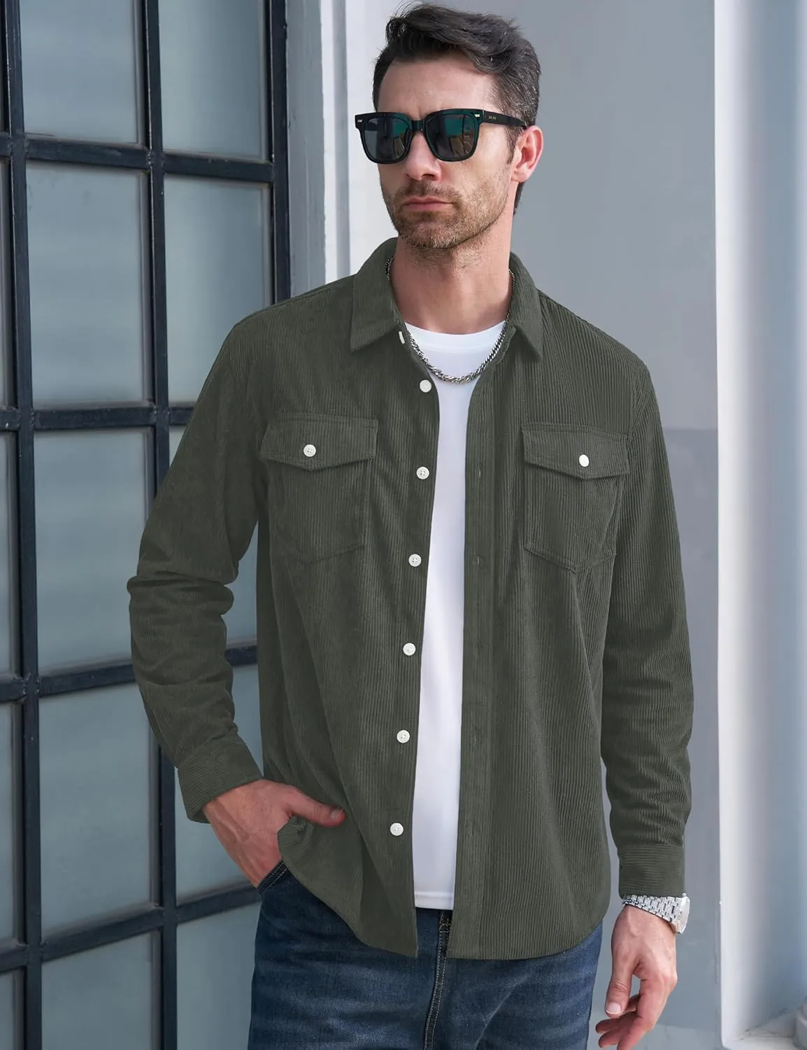 MAGCOMSEN Men's Corduroy Shirt Jacket Long Sleeve Lightweight Jacket Button-Up Casual Shacket with Flap Pockets