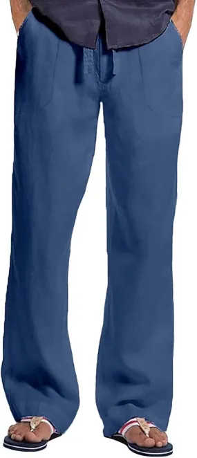 Mens 2024 Fashion Cotton and Linen Trousers Daily Lightweight Drawstring Straight Leg Pants Summer Quick Drying Combat Pants