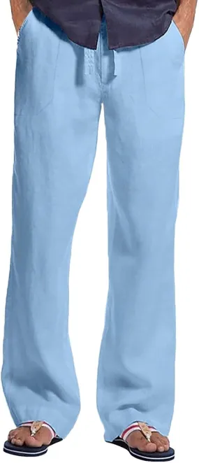 Mens 2024 Fashion Cotton and Linen Trousers Daily Lightweight Drawstring Straight Leg Pants Summer Quick Drying Combat Pants
