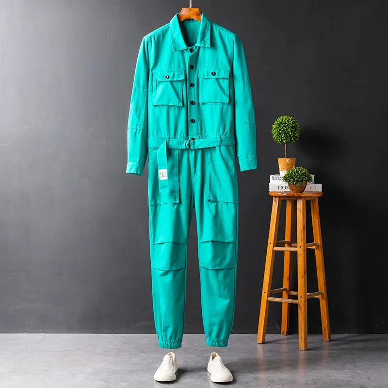 Men's And Women's Workwear Long Sleeve  Jumpsuit Bink Blue Grey Single Breasted Lapel Cloth Autumn Trousers