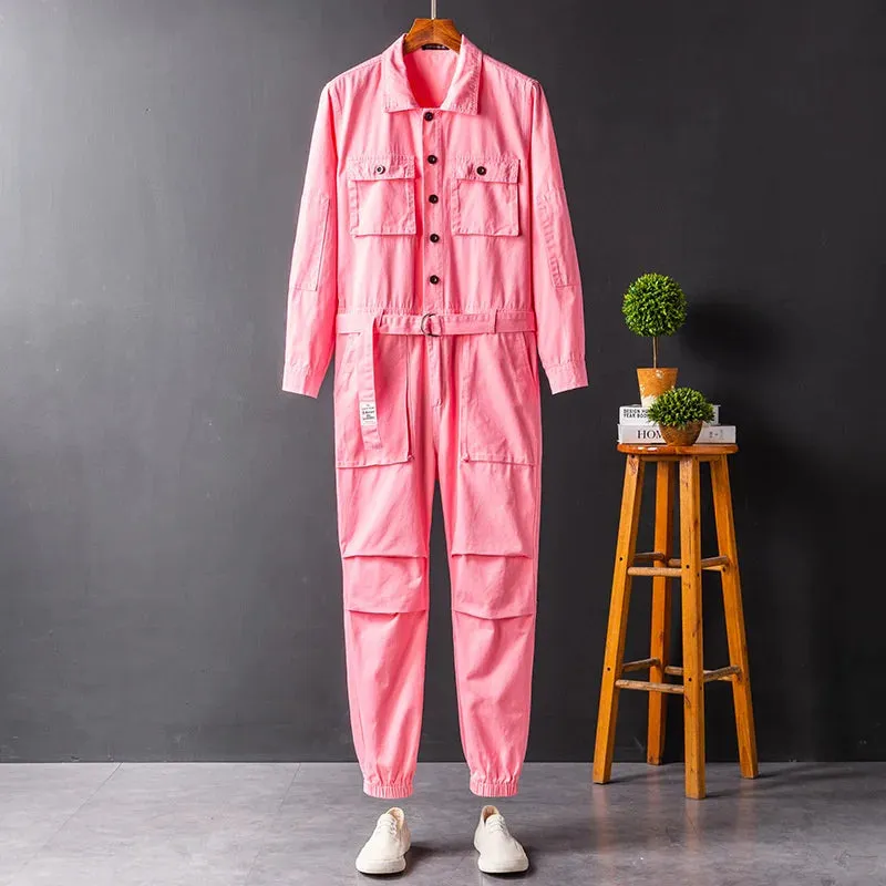 Men's And Women's Workwear Long Sleeve  Jumpsuit Bink Blue Grey Single Breasted Lapel Cloth Autumn Trousers