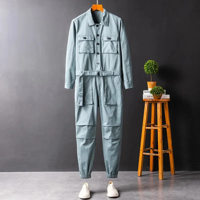 Men's And Women's Workwear Long Sleeve  Jumpsuit Bink Blue Grey Single Breasted Lapel Cloth Autumn Trousers