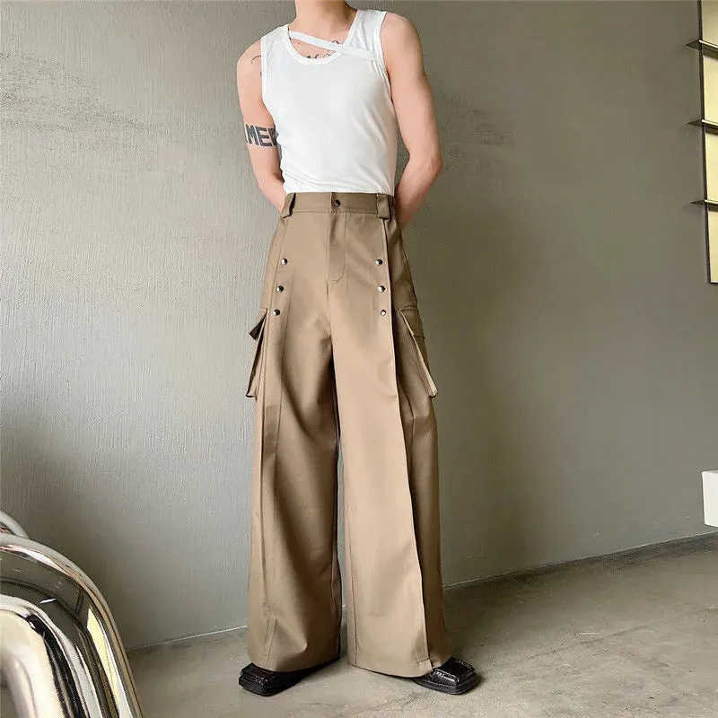Men's Casual Wide Leg Trousers Korean Style 2023 New High Waist Metal Piece Pocket Decoration Fashionable Pants 9A2104