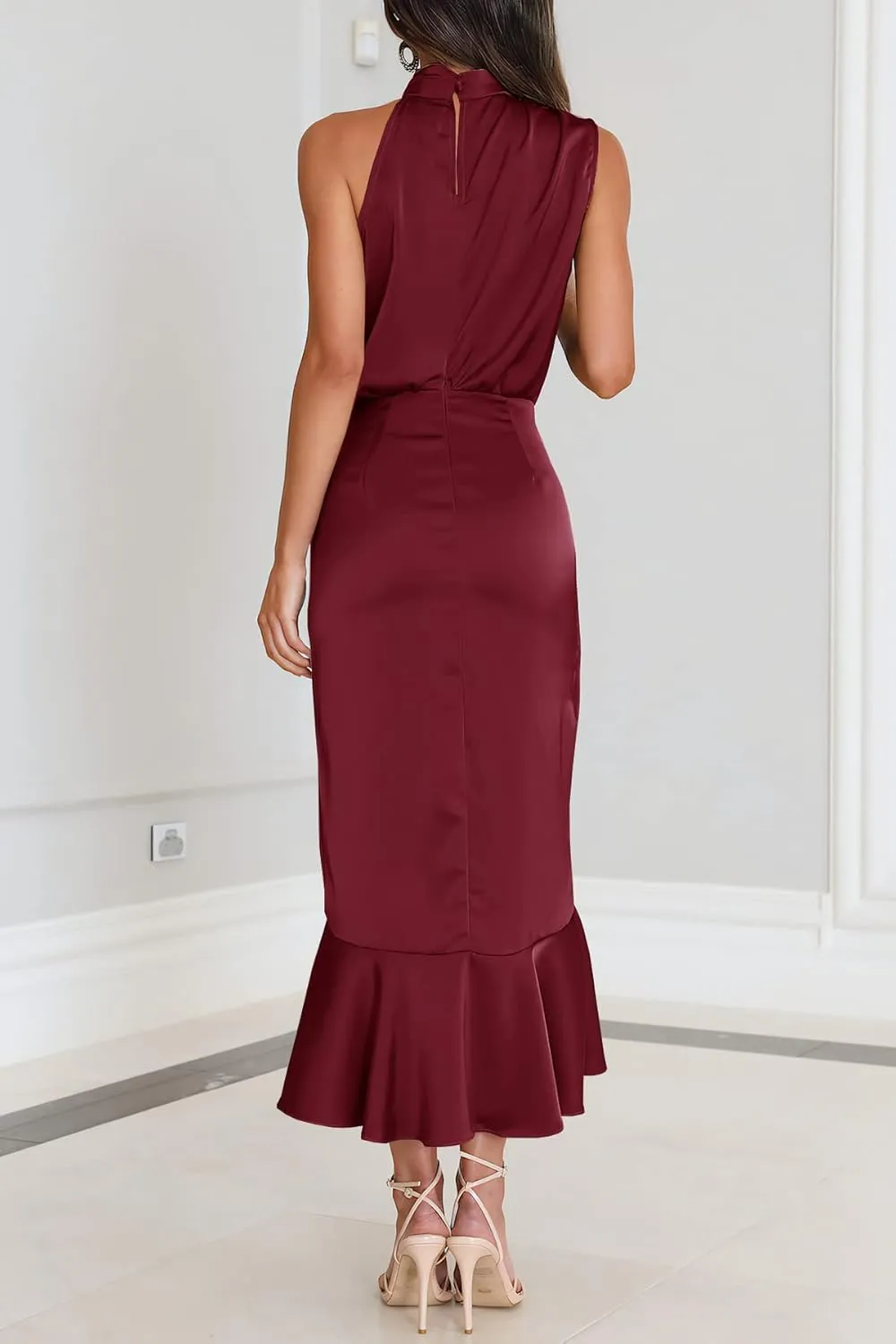 MITILLY Women's Satin Sleeveless Mock Neck Elastic Waist Bodycon Wrap Mermaid Hem Formal Cocktail Party Maxi Dress