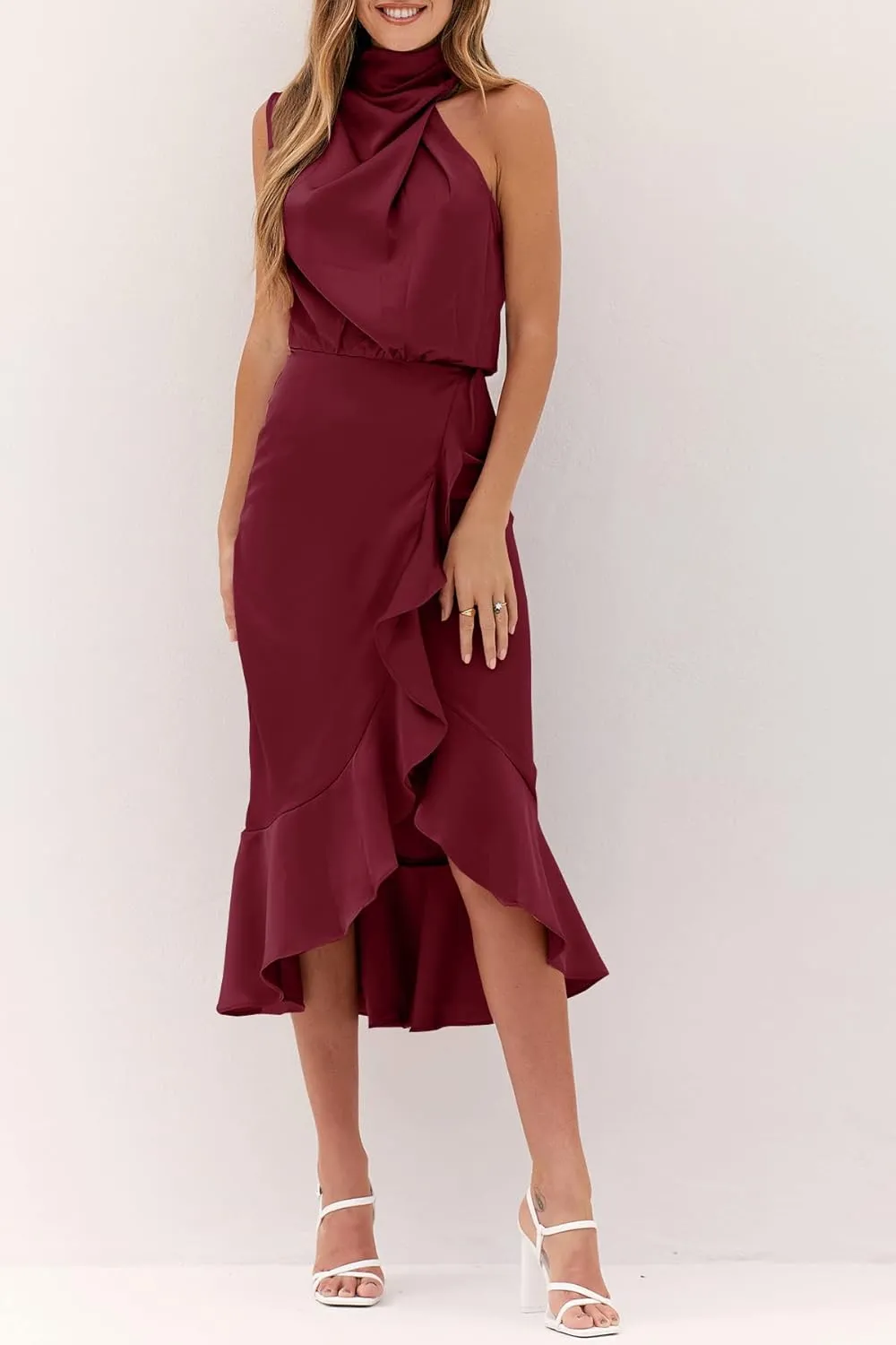 MITILLY Women's Satin Sleeveless Mock Neck Elastic Waist Bodycon Wrap Mermaid Hem Formal Cocktail Party Maxi Dress