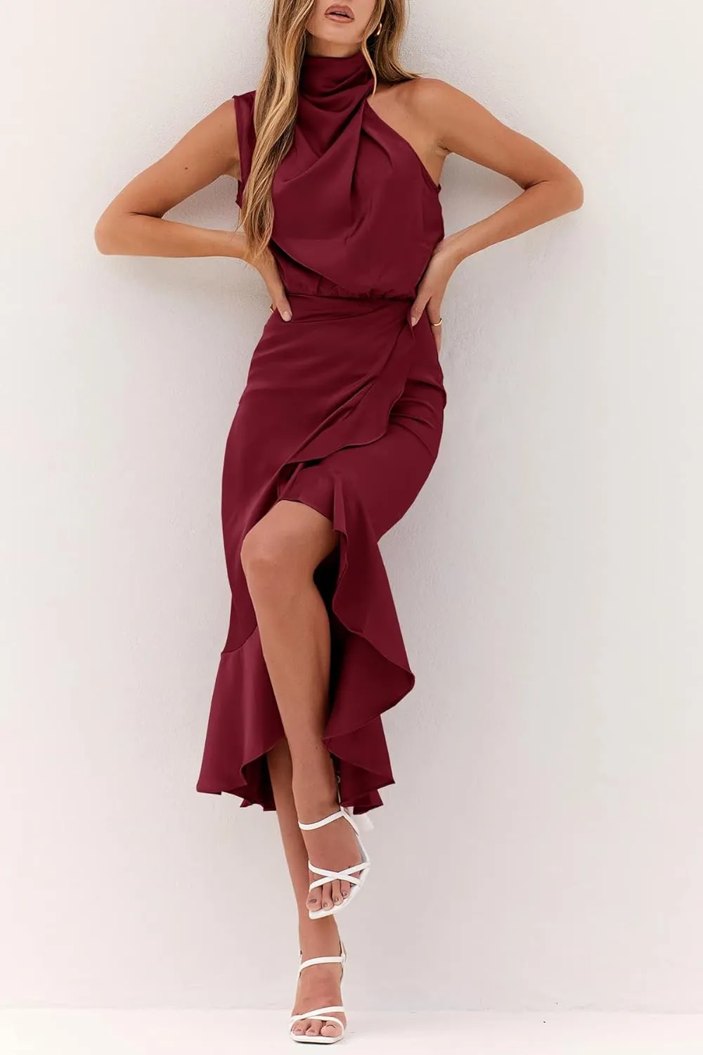 MITILLY Women's Satin Sleeveless Mock Neck Elastic Waist Bodycon Wrap Mermaid Hem Formal Cocktail Party Maxi Dress