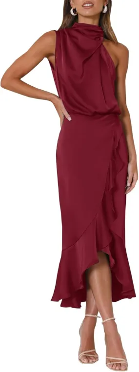 MITILLY Women's Satin Sleeveless Mock Neck Elastic Waist Bodycon Wrap Mermaid Hem Formal Cocktail Party Maxi Dress