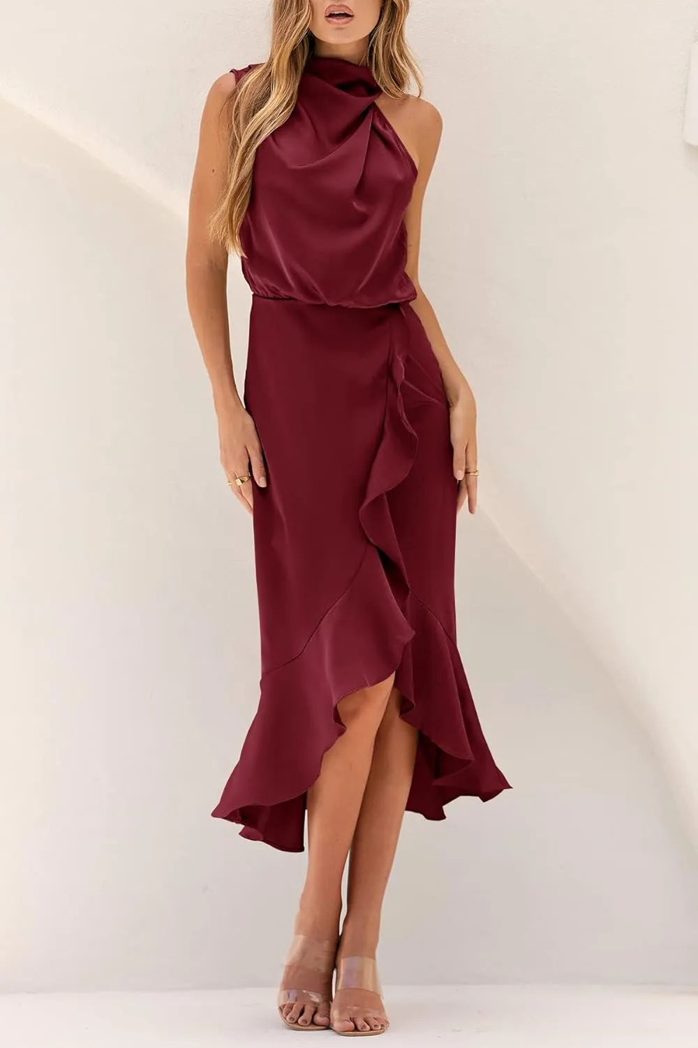 MITILLY Women's Satin Sleeveless Mock Neck Elastic Waist Bodycon Wrap Mermaid Hem Formal Cocktail Party Maxi Dress
