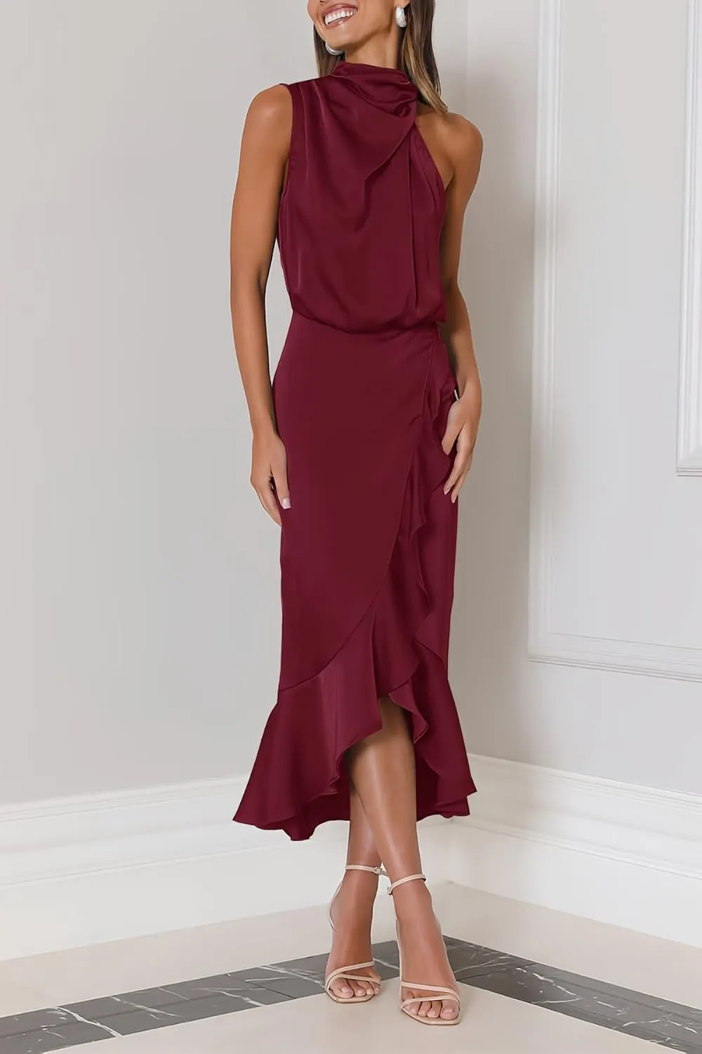 MITILLY Women's Satin Sleeveless Mock Neck Elastic Waist Bodycon Wrap Mermaid Hem Formal Cocktail Party Maxi Dress