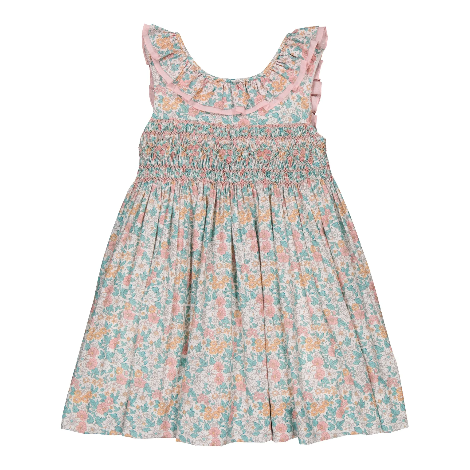 Mélina Smocked Dress with Ruffles in Coral and Mint Floral Print