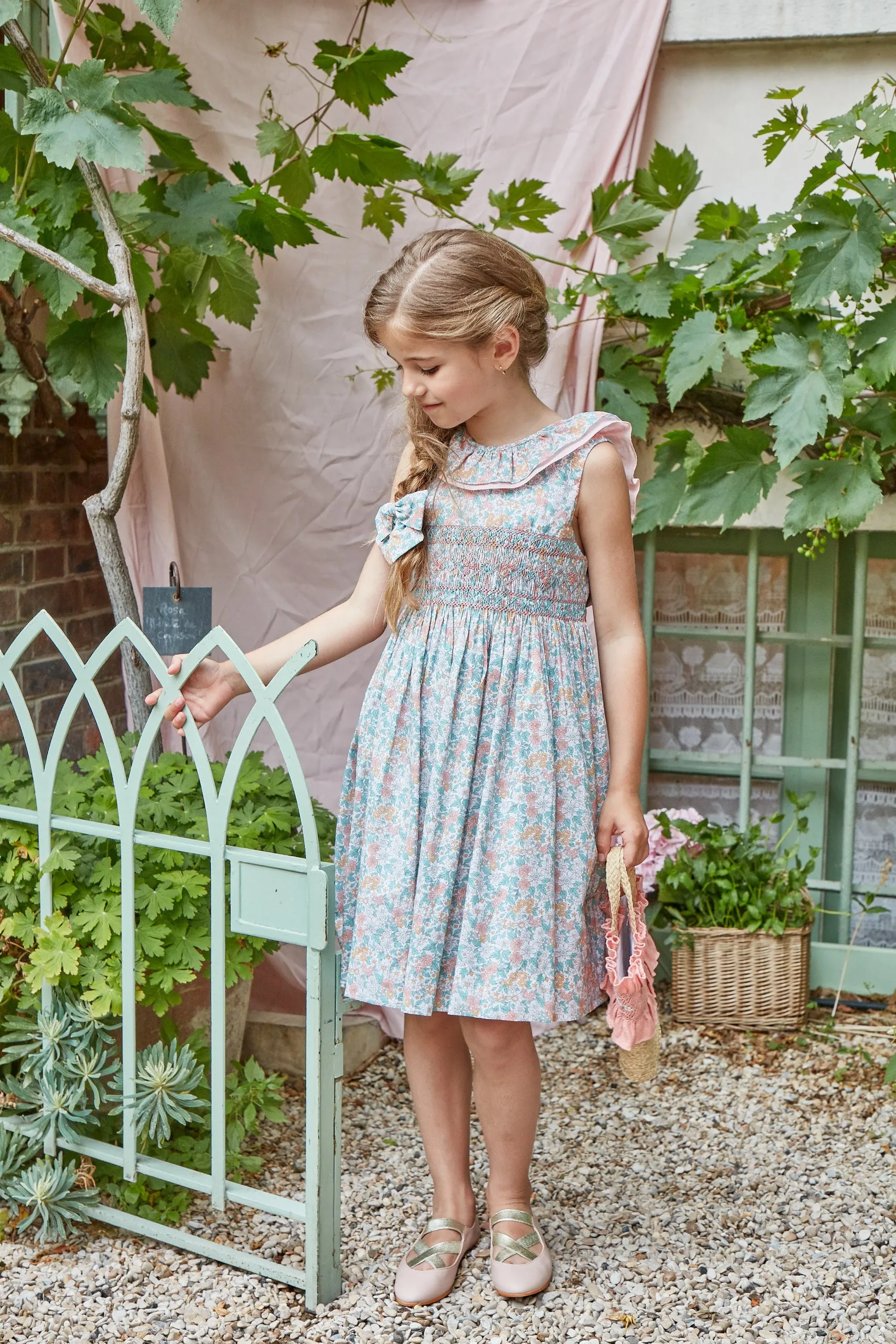 Mélina Smocked Dress with Ruffles in Coral and Mint Floral Print