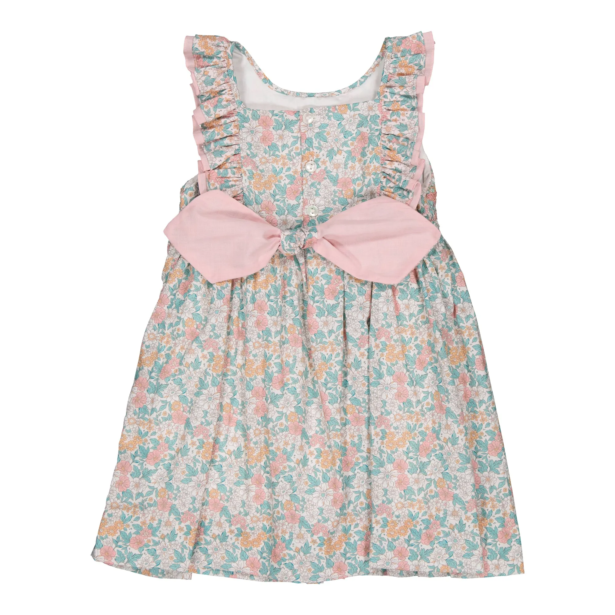 Mélina Smocked Dress with Ruffles in Coral and Mint Floral Print