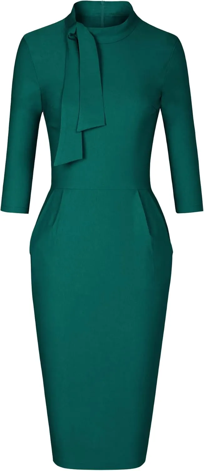 MUXXN Women's Midi Pencil 1950s Vintage Cocktail 3/4 Sleeve Tie Neck Bodycon Mid-Calf Dress with Pockets
