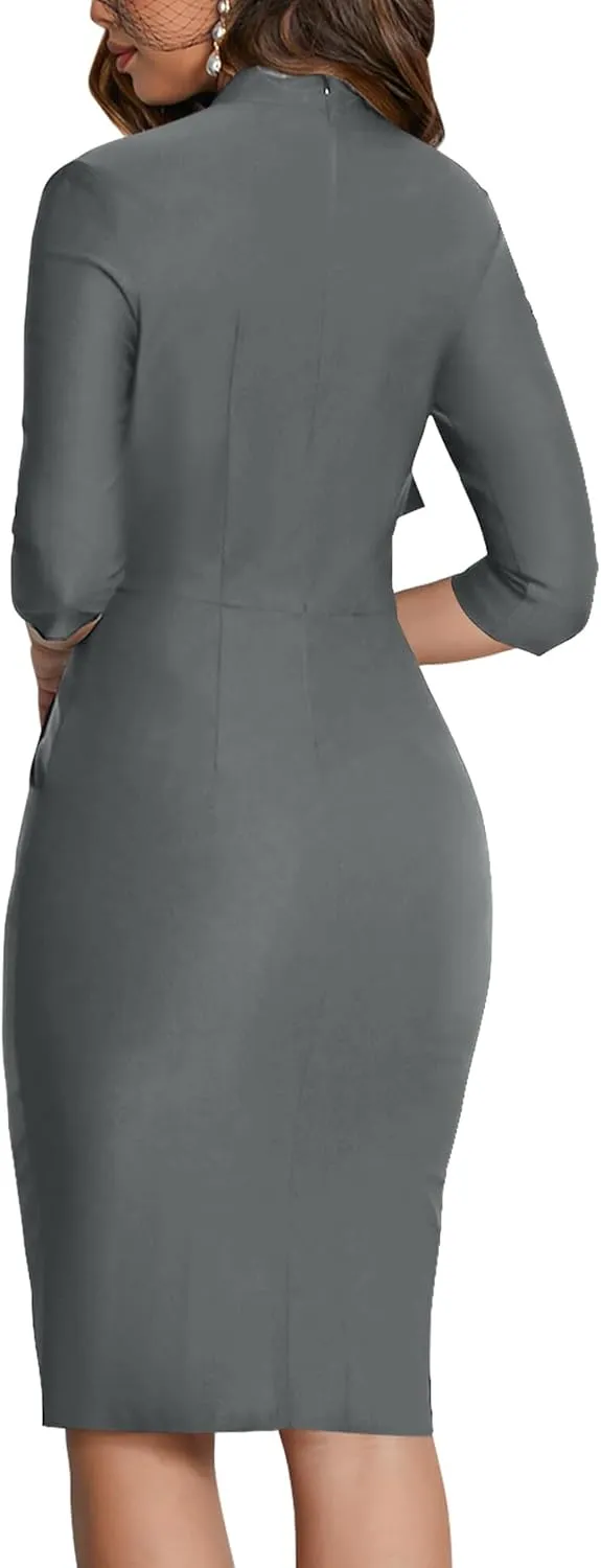 MUXXN Women's Midi Pencil 1950s Vintage Cocktail 3/4 Sleeve Tie Neck Bodycon Mid-Calf Dress with Pockets