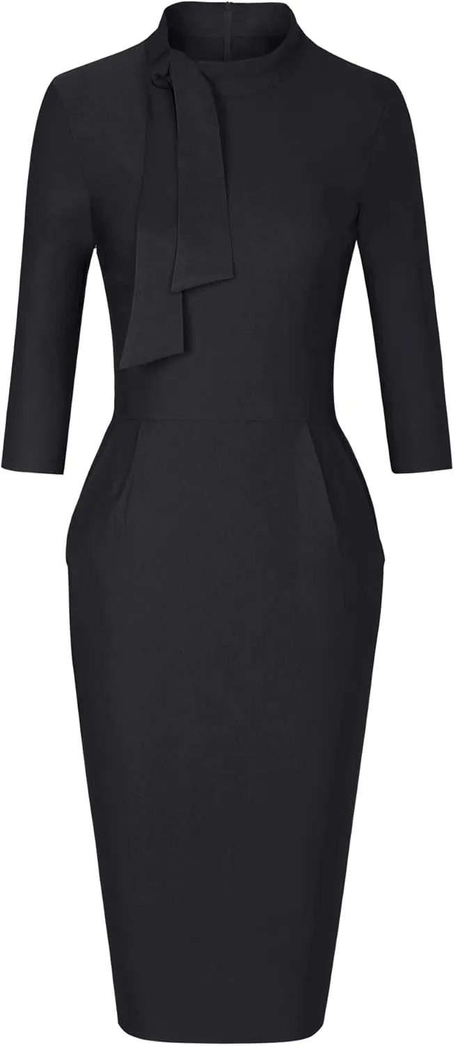 MUXXN Women's Midi Pencil 1950s Vintage Cocktail 3/4 Sleeve Tie Neck Bodycon Mid-Calf Dress with Pockets