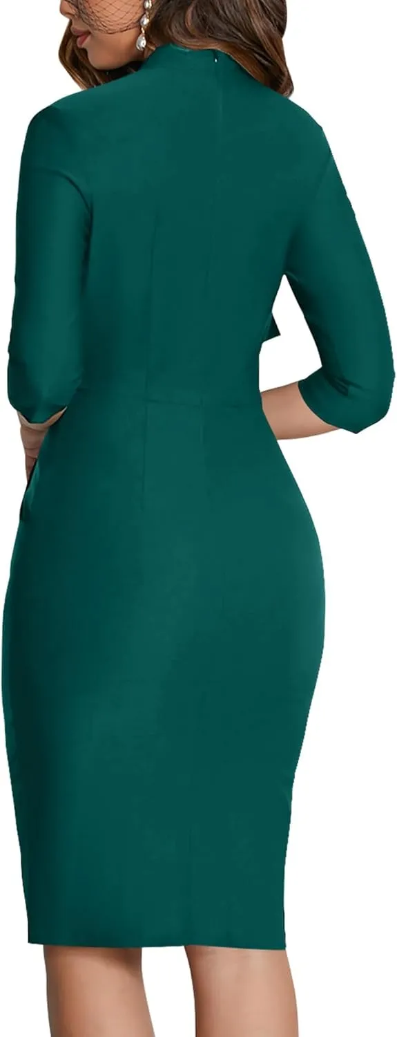 MUXXN Women's Midi Pencil 1950s Vintage Cocktail 3/4 Sleeve Tie Neck Bodycon Mid-Calf Dress with Pockets