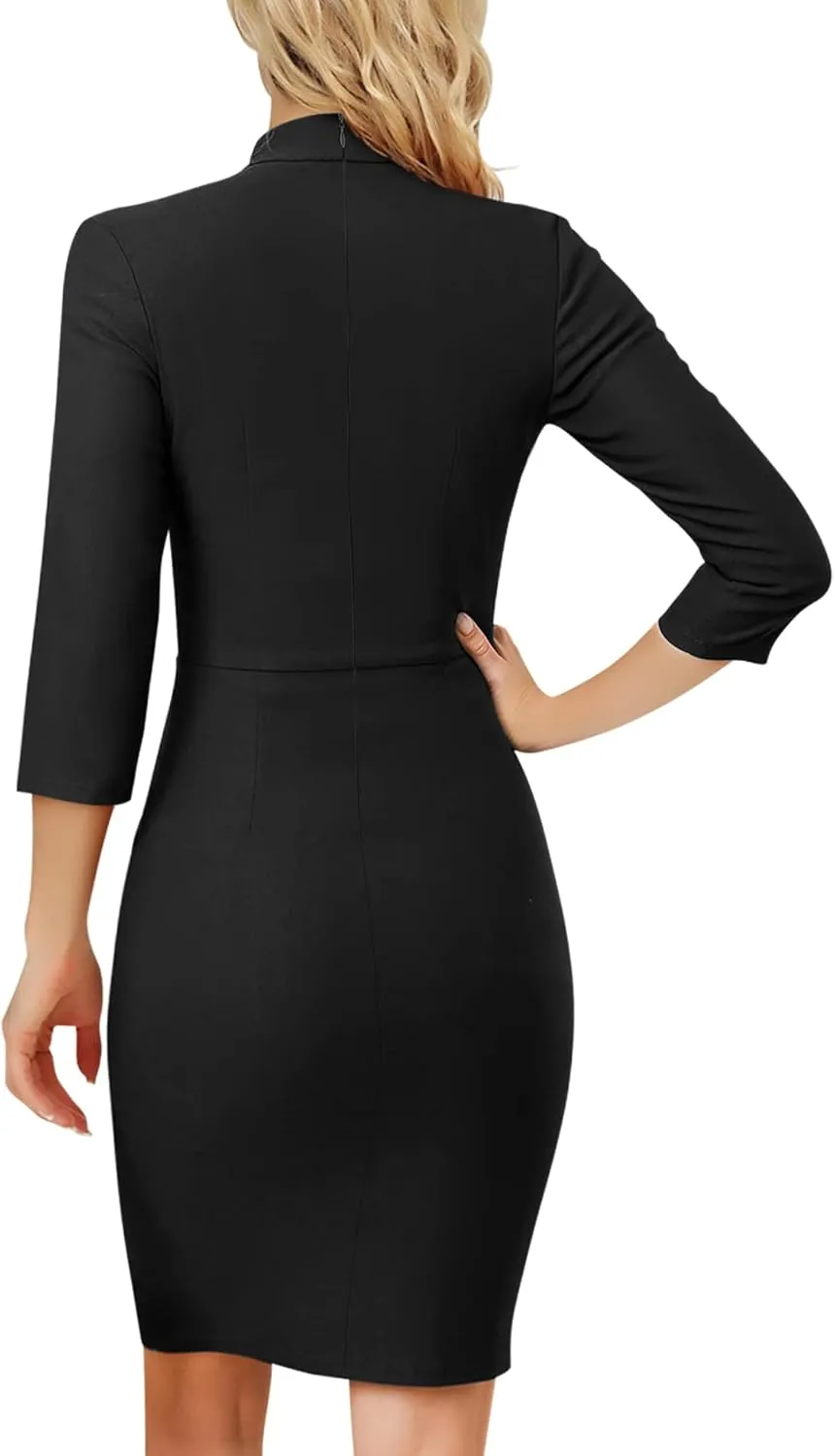 MUXXN Women's Midi Pencil 1950s Vintage Cocktail 3/4 Sleeve Tie Neck Bodycon Mid-Calf Dress with Pockets