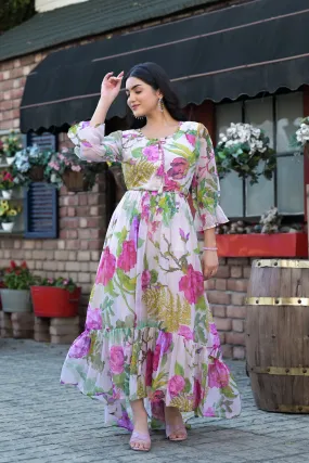 Off-White Floral Printed Premium Chiffon Silk Gown
