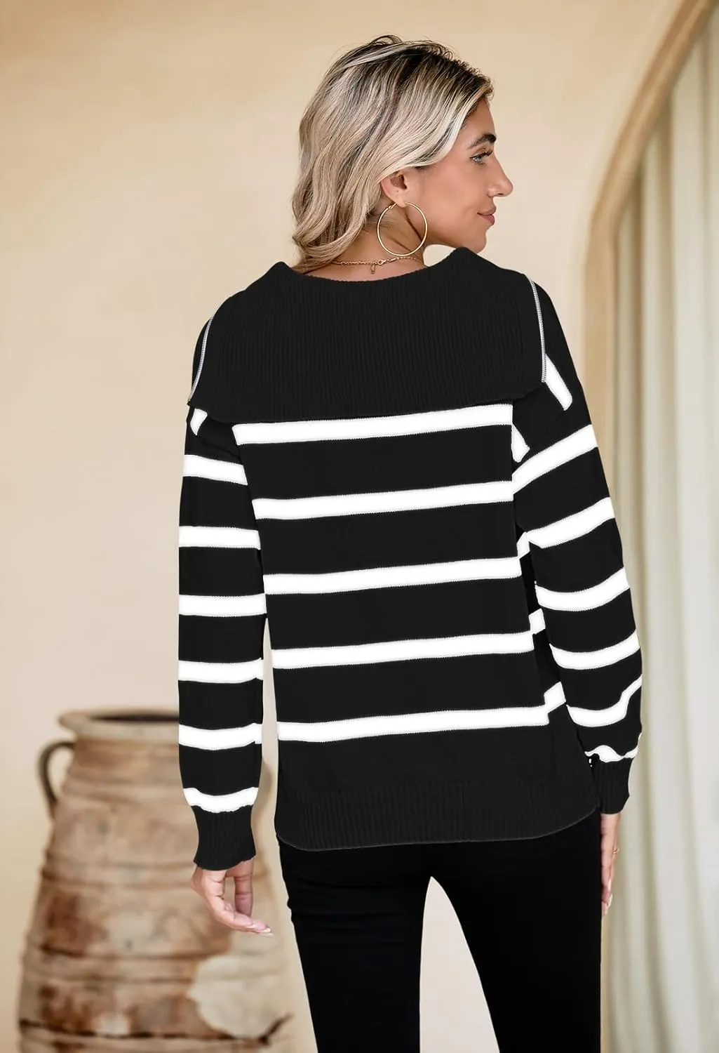 Pink Queen Womens Stripe Oversized Sweater 2024 Long Sleeve Collared Half Zip Pullover Tops Casual Fall Knit Sweater Outfit