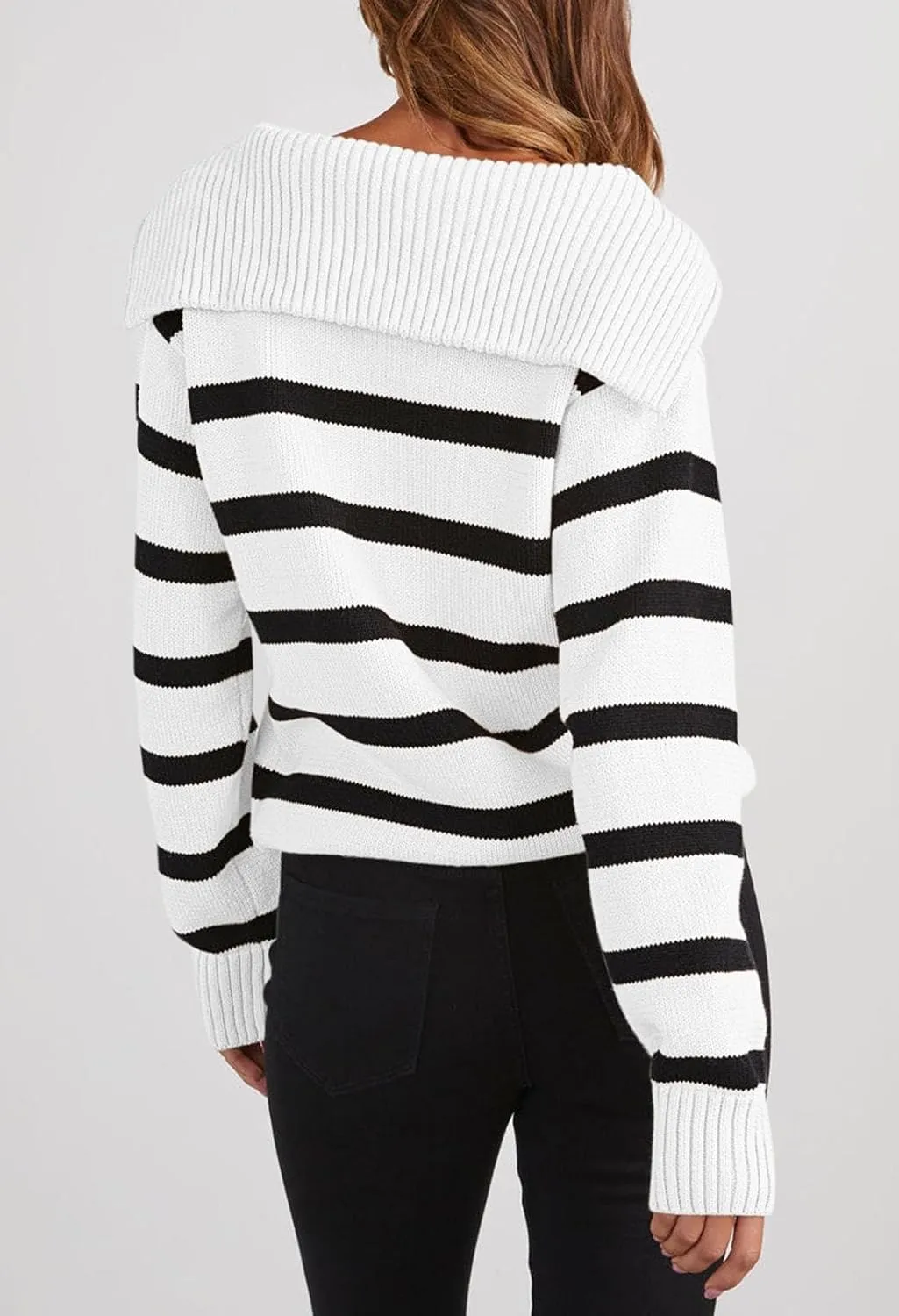 Pink Queen Womens Stripe Oversized Sweater 2024 Long Sleeve Collared Half Zip Pullover Tops Casual Fall Knit Sweater Outfit